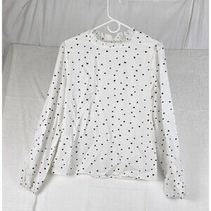 Long Sleeve Blouse Women Large White Black Heart Print Ruffle Neck